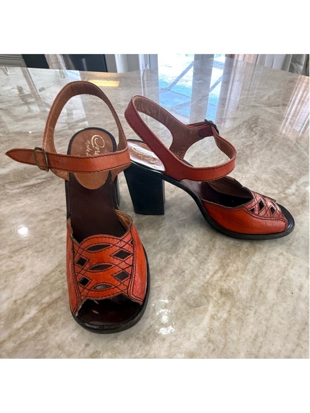 Corelli Orange peach Brown Leather Sandals chunky heel.